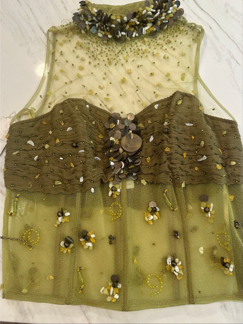 NWT Vintage Seralina Alyce Designs Olive Bead Mesh Formal Top Sz 8 Y2K  Pageant